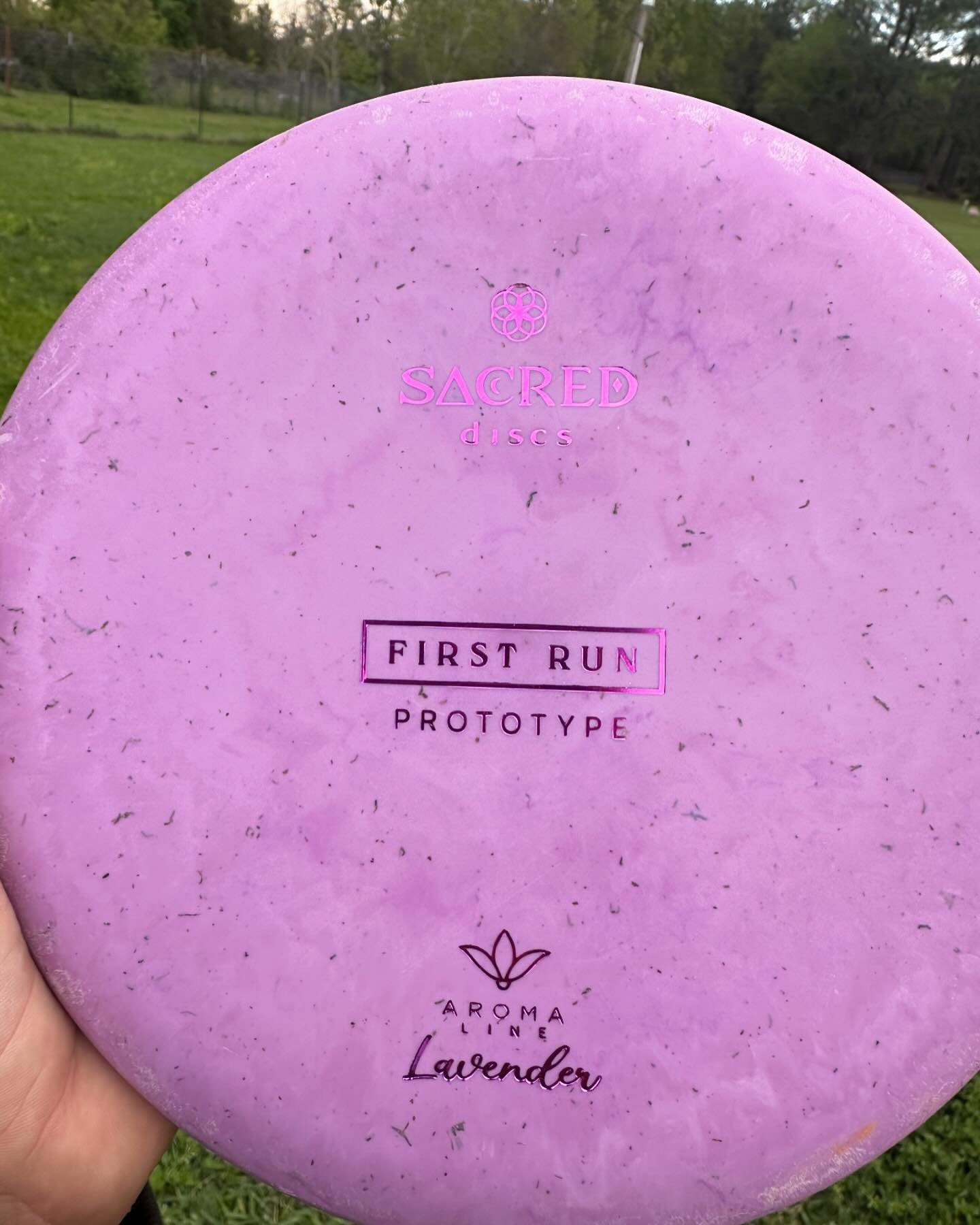 Picture of a purple disc golf disc, that smells like lavender. Image Source: Sacred Discs Facebook Page